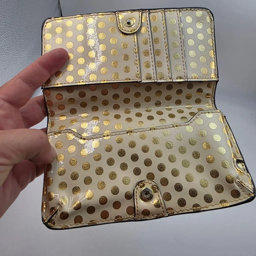 Anne Klein Cream Gold Polka Dot Patent Bow Trifold Wallet Lion Logo Hardware